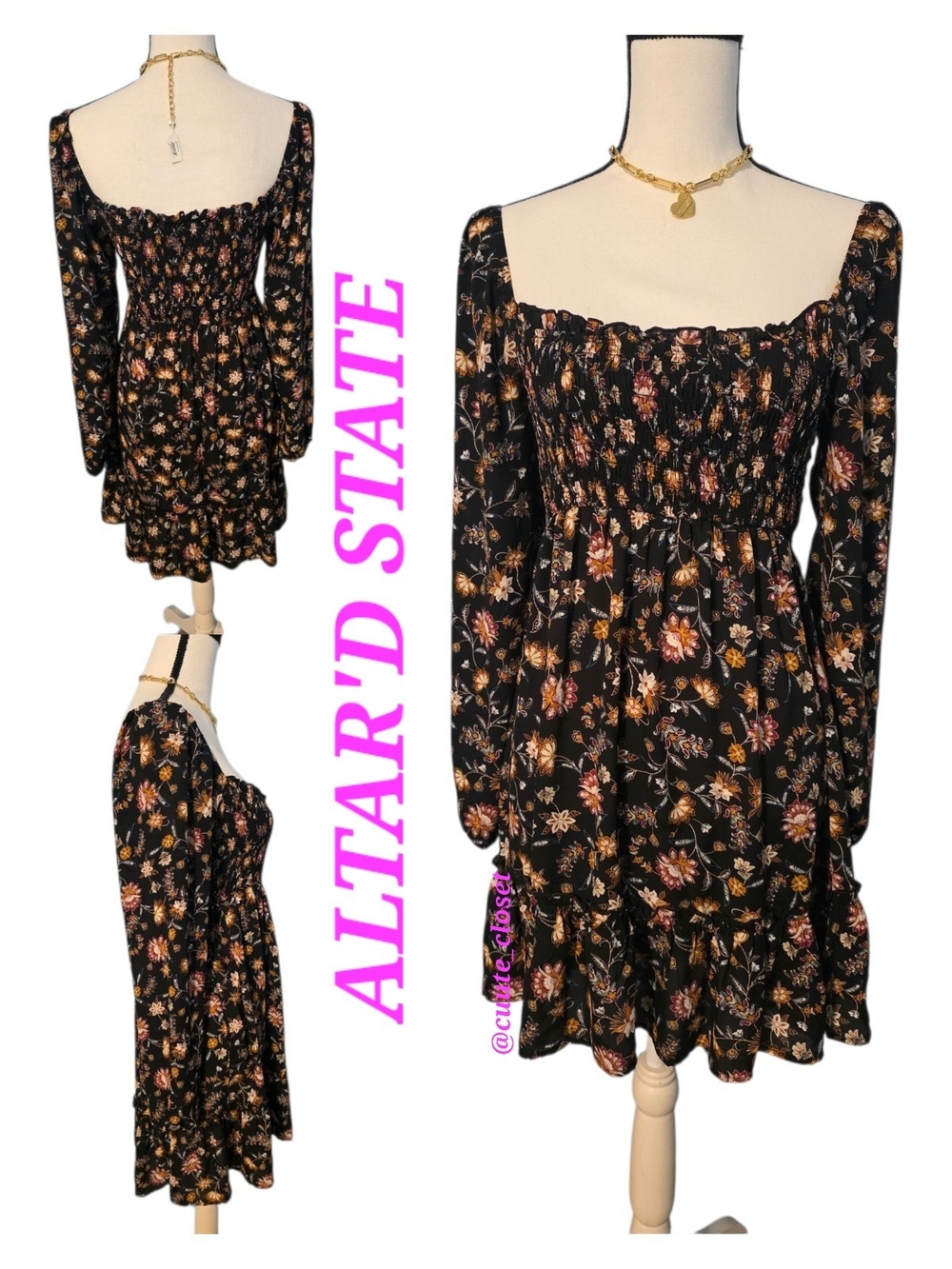 Altar'd State Jacobean Floral Smocked Long-Sleeve Square Neckline Mini Dress